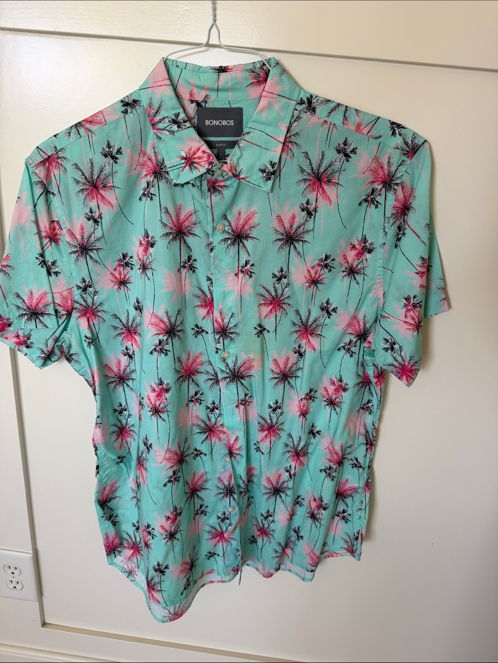 Bonobos Riviera Slim Fit Button Front Shirt Mens Large Aqua Pink Palm Tree Print